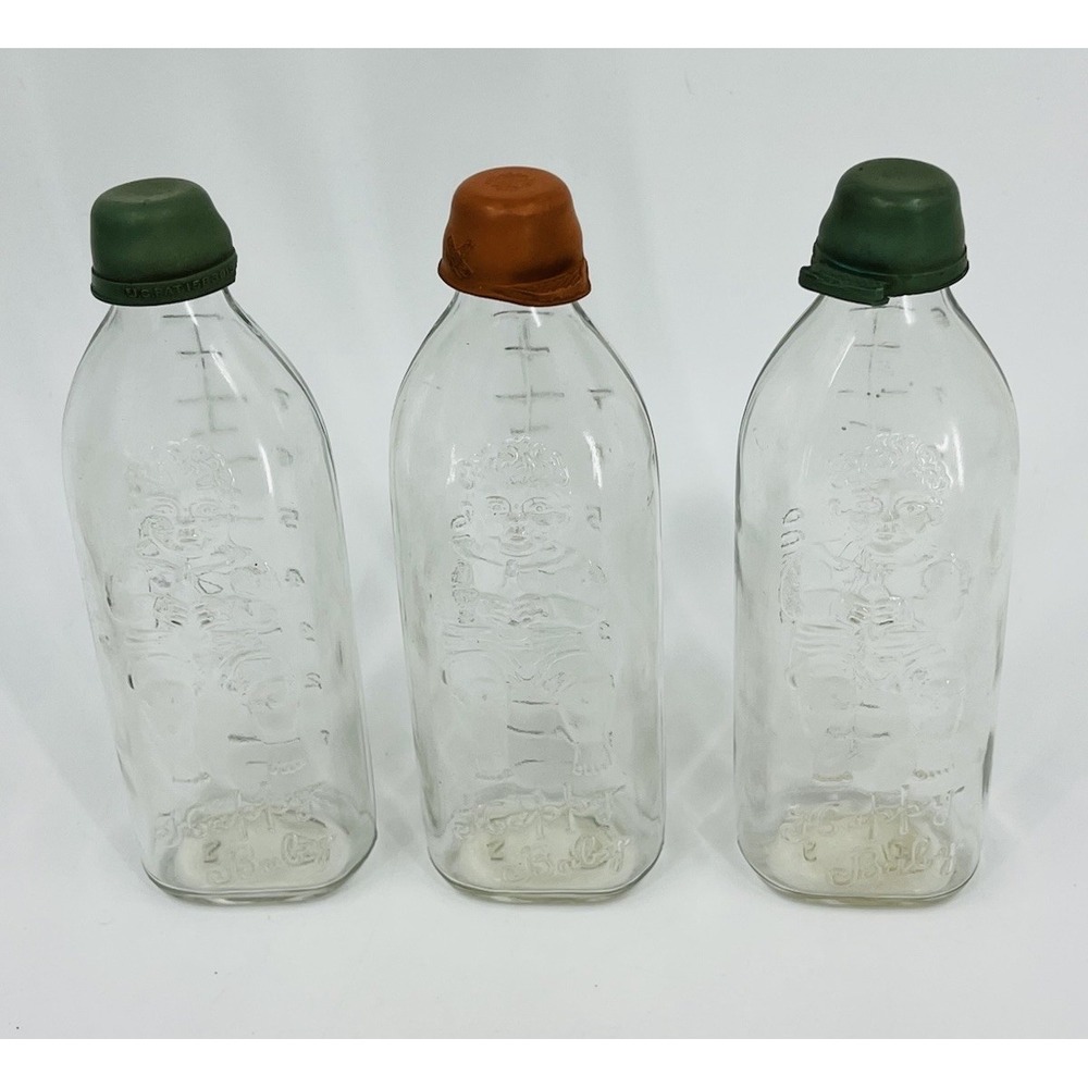 Vintage Glass Happy Baby Bottles Set of 3 Rubber Tops 8 Oz Embossed